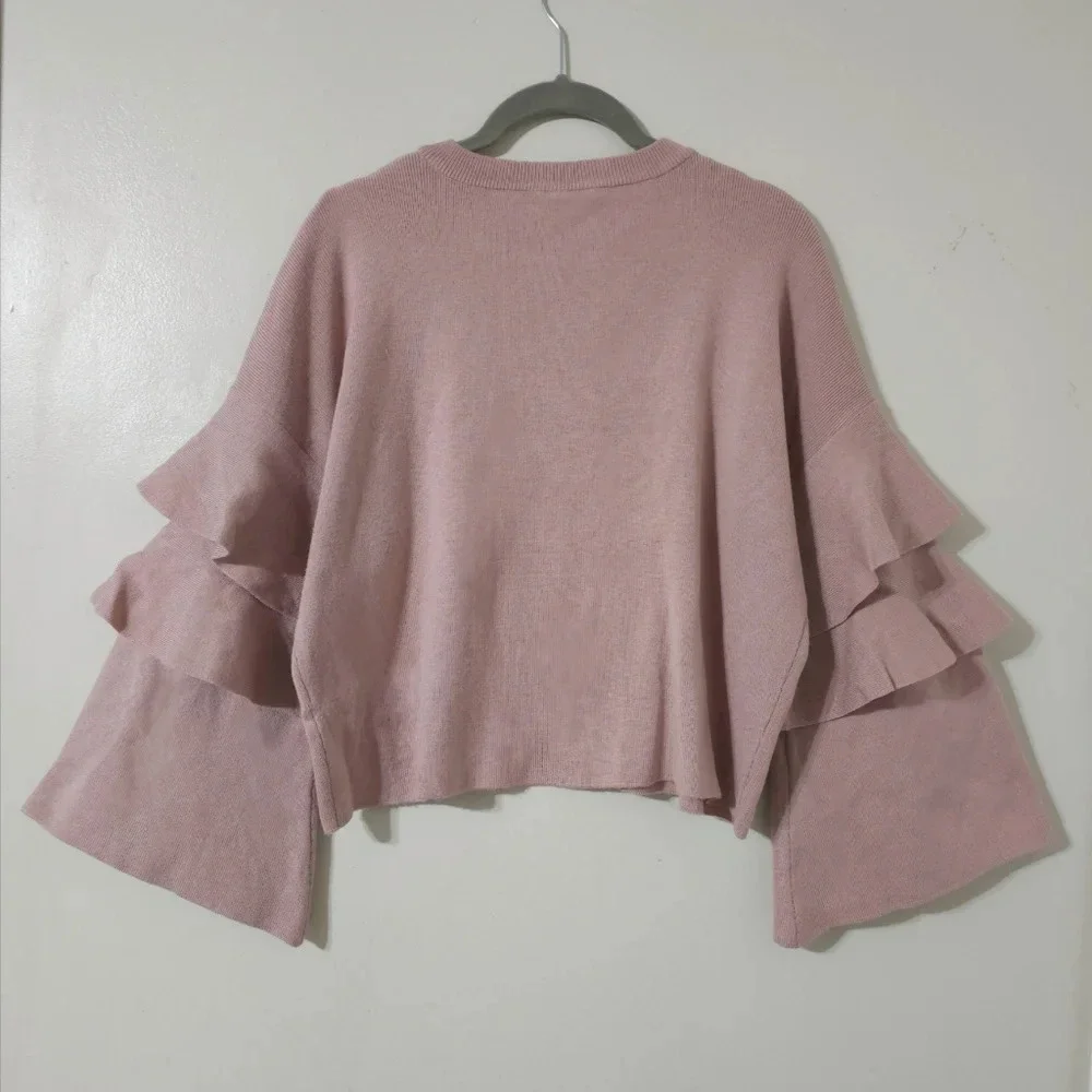 ✨️4/$20 POOF! Dusty Mauve Cropped Knit Crewneck Sweater Long Tiered Bell Sleeves - Picture 6 of 14